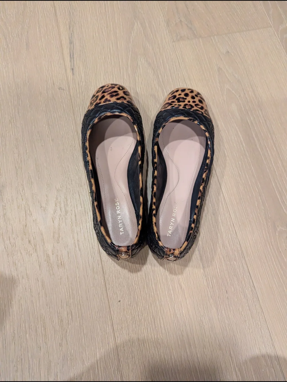 Taryn Rose Quilted Black Flats with Leopard Cap Toe
